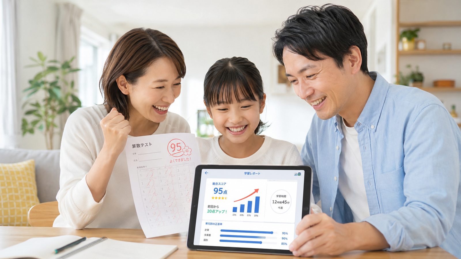 学習レポートを見て喜ぶ家族