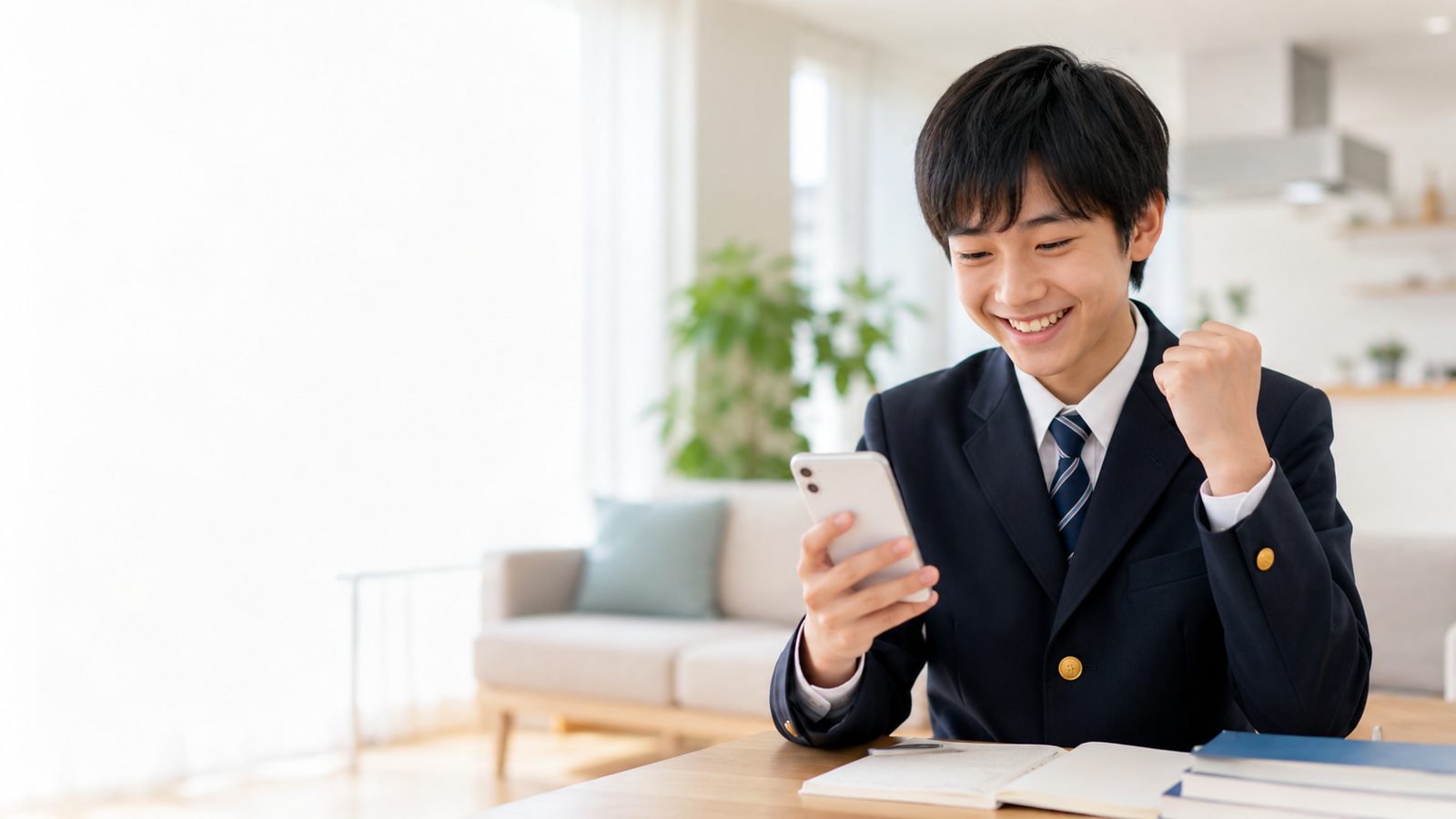 スマホで数学を学び、解けて喜ぶ中学生